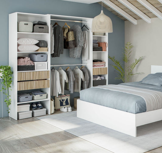 Natural Oak Effect and White Open Door Wardrobe With Shelves And Rail