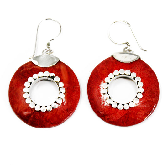 Donuts - Red Coral Imitation 925 Silver Earings