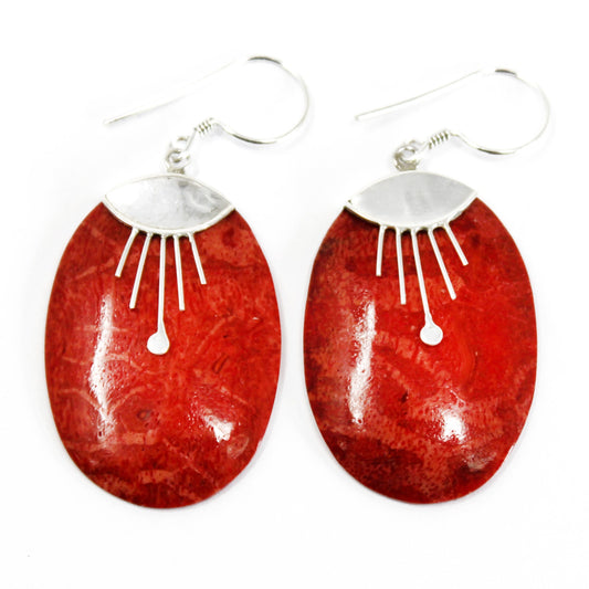 Oval Eggs - Red Coral Imitation 925 Silver Earings