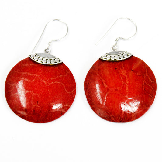 Classic Disc - Red Coral Imitation 925 Silver Earings