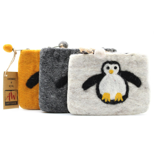 Natural Felt Zipper Pouch - Cute Penguin