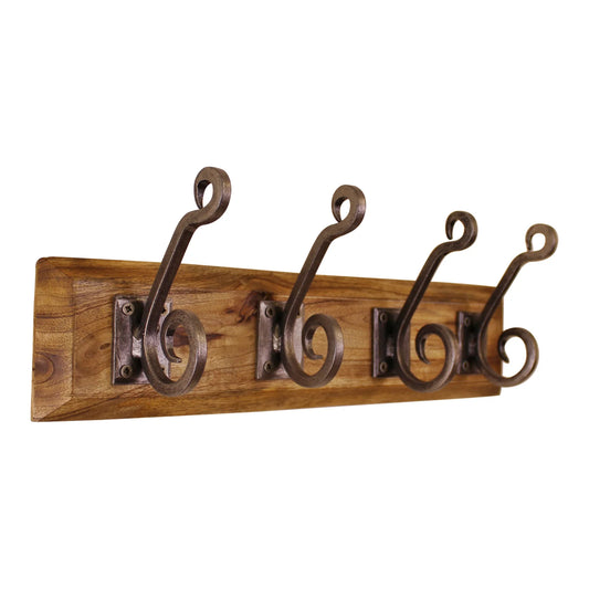 Rustic Steel 4 Piece Double Metal Hooks On Wooden Base