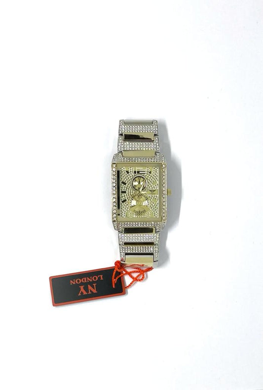 Men's NY London Square Bling Crystals Watch With Metal Bracelet - Gold Watch Pl-7277