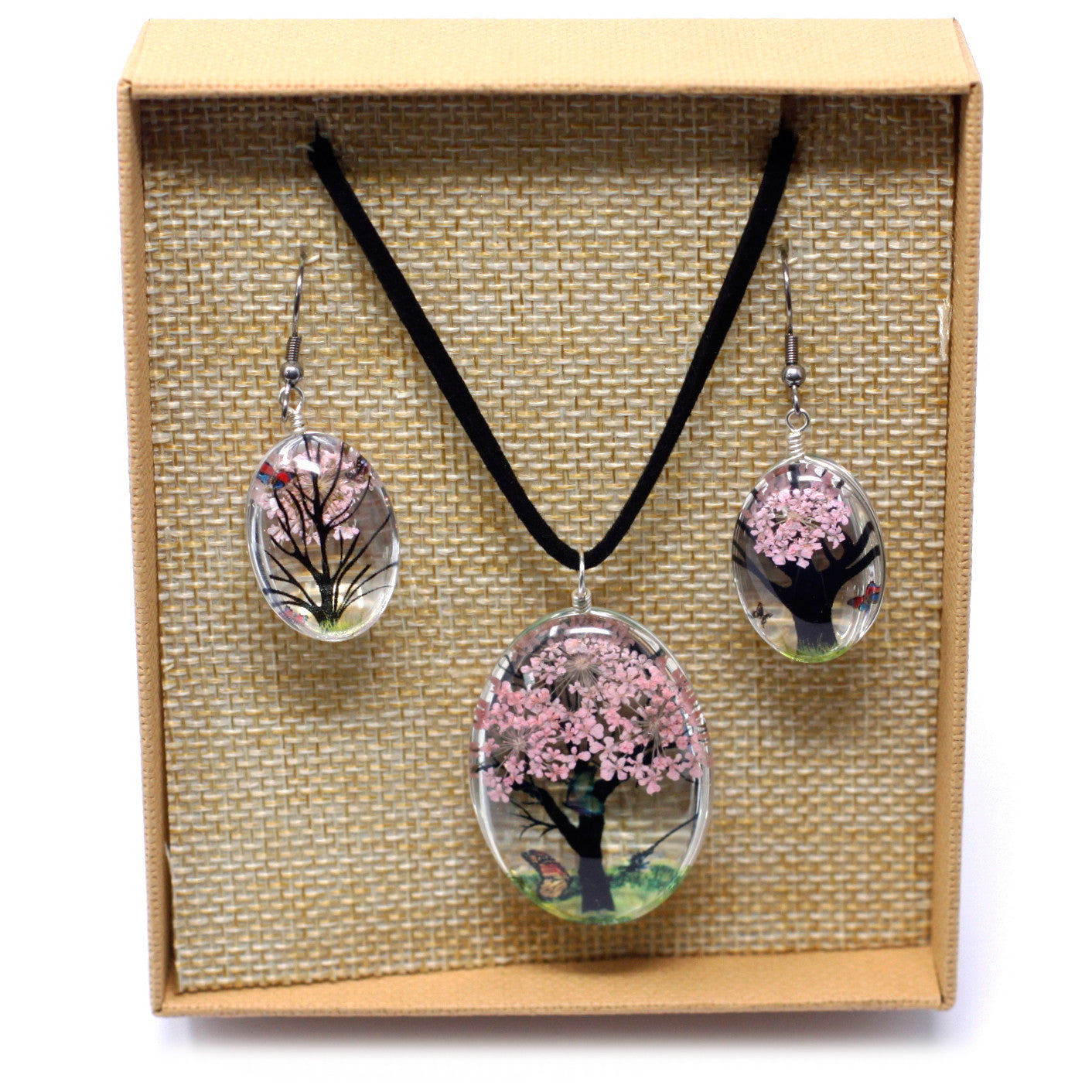 Pressed Flowers Necklaces - Tree of Life set - Pink