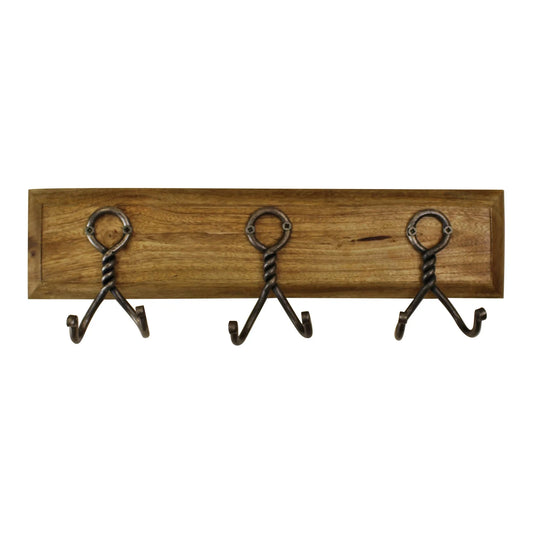 3 Piece Rustic Double Metal Hooks On Wooden Base