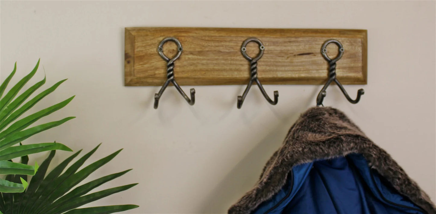 3 Piece Rustic Double Metal Hooks On Wooden Base