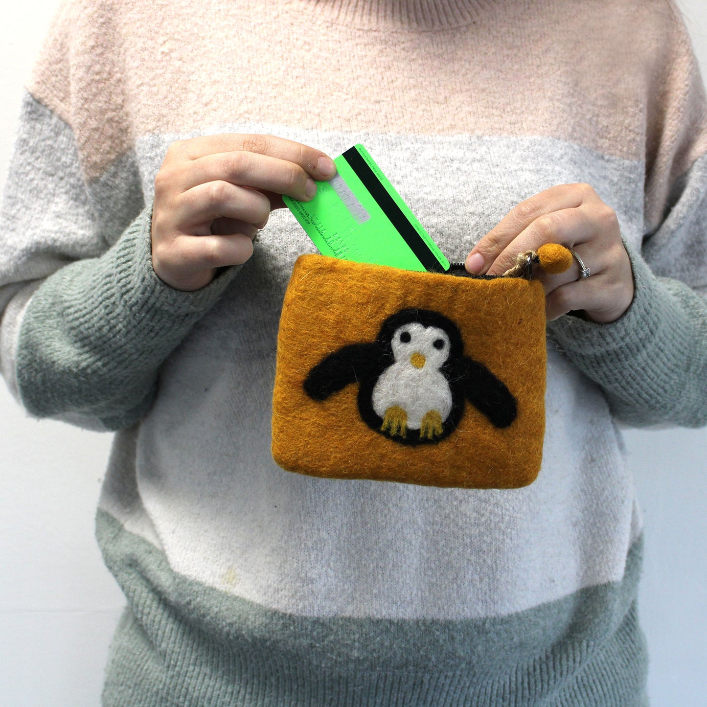 Natural Felt Zipper Pouch - Cute Penguin