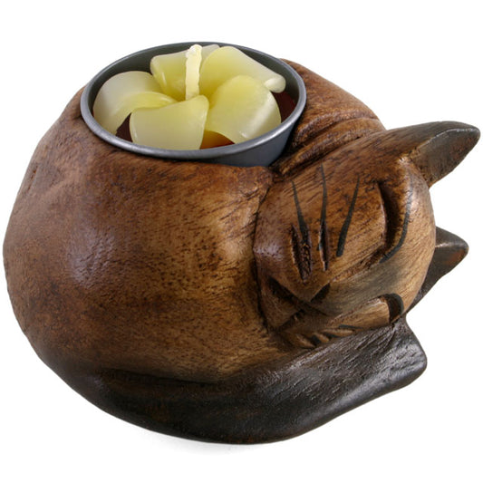 Acacia wood Curled Cat Tealight Holder