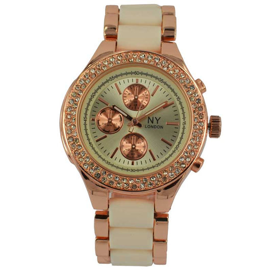 NY London Ladies Beige Crystal Bezel Metal Watch PI-7011