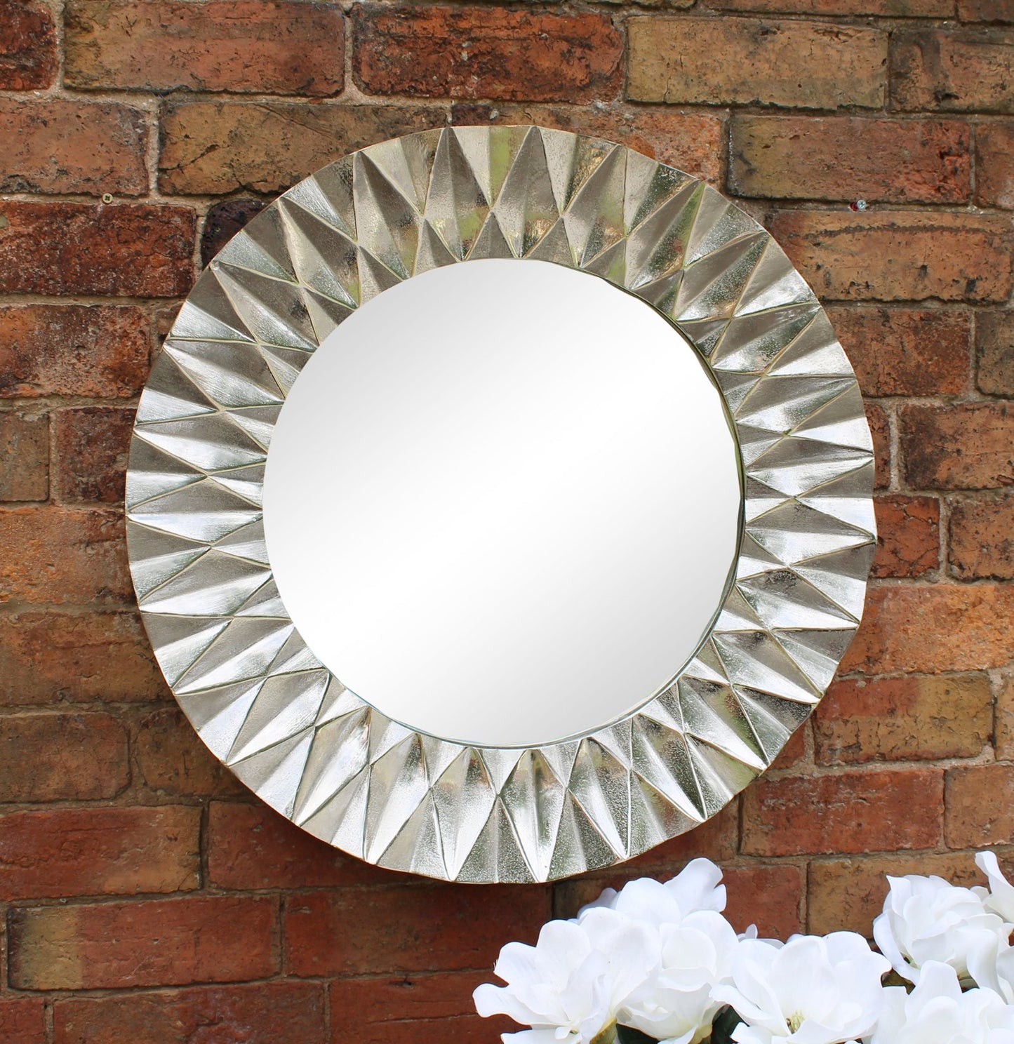 Silver Metal Circular Mirror With Geometric Design