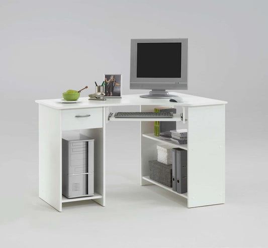 White Corner Desk with Drawer and Shelves