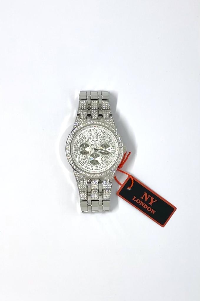 Men's NY London Circle Bling Crystals Watch With Metal Bracelet - Silver Watch Pl-7469