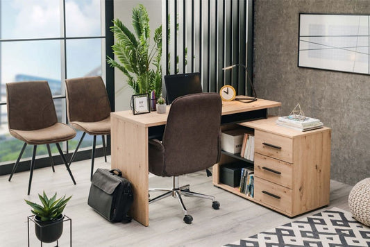 Three Drawer Oak And Black Corner Desk