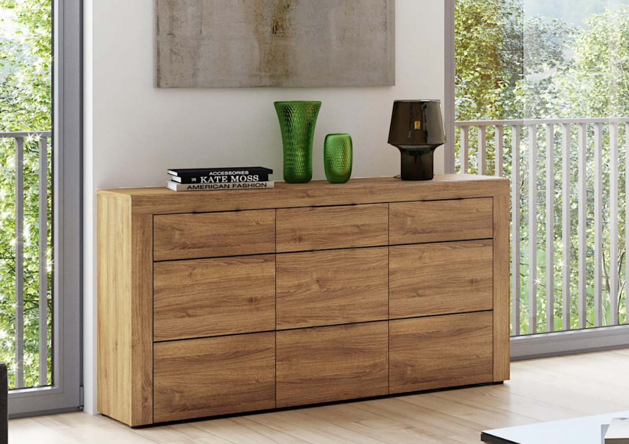 Large Oak Effect 3 Drawer Sideboard