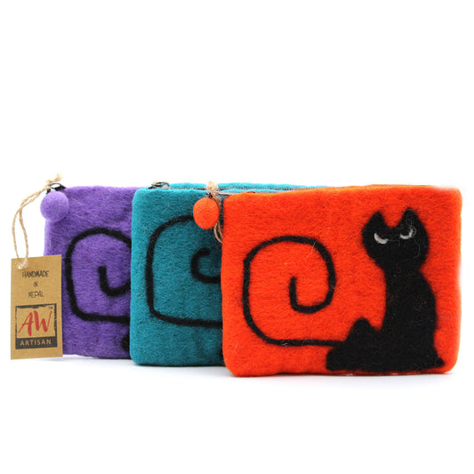 Natural Felt Zipper Pouch - Black Cat