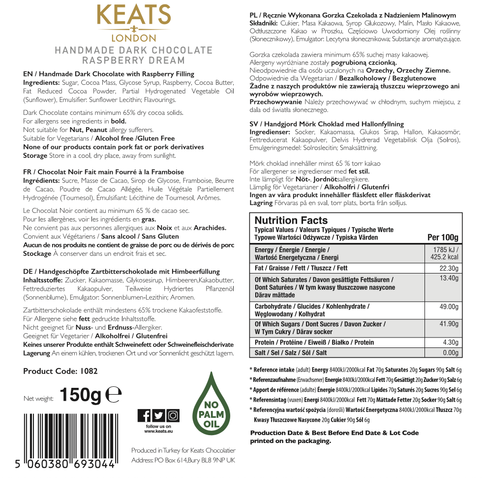 Keats Handmade Dark Chocolate Raspberry Dream (150g)