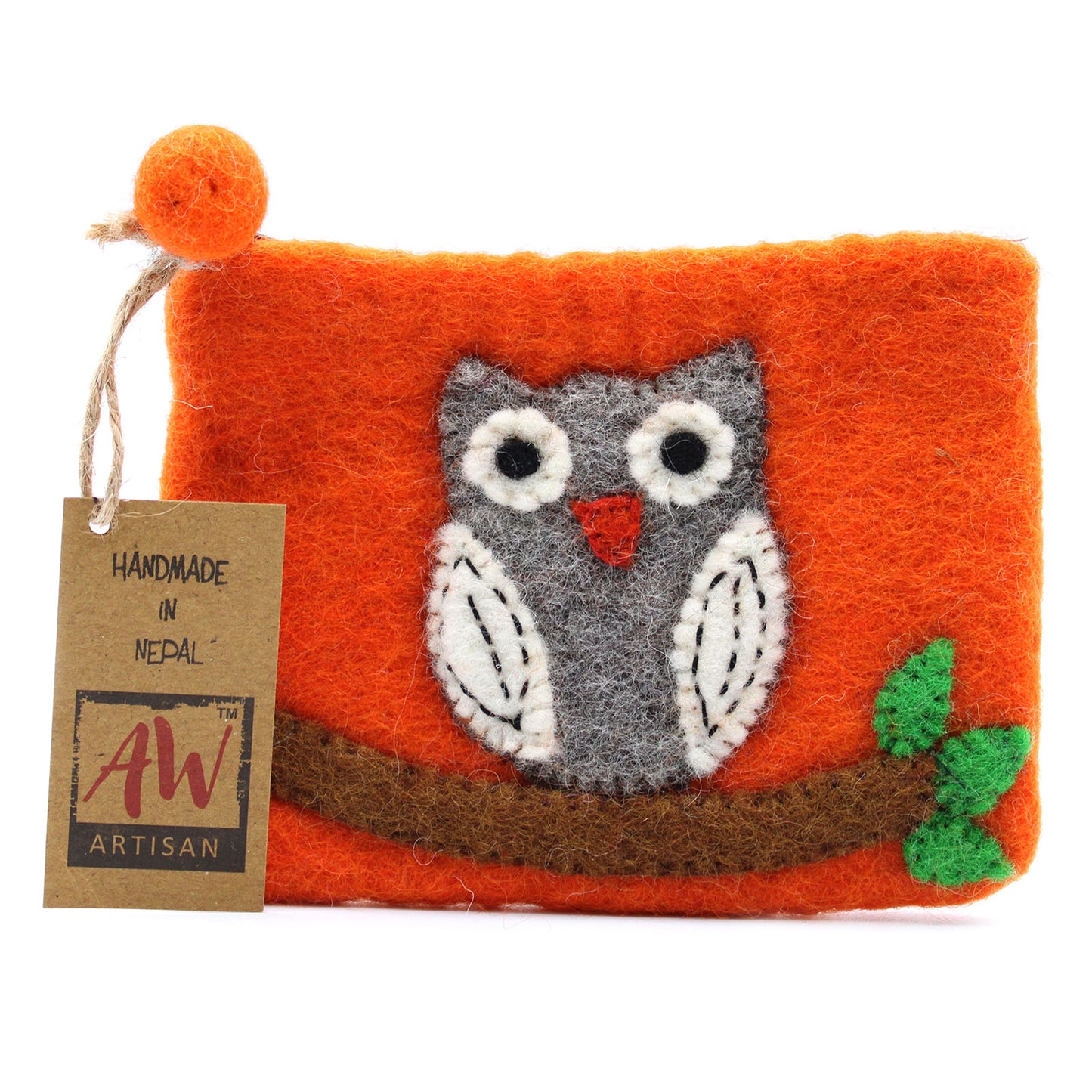 Natural Felt Zipper Pouch - Owl on Branch