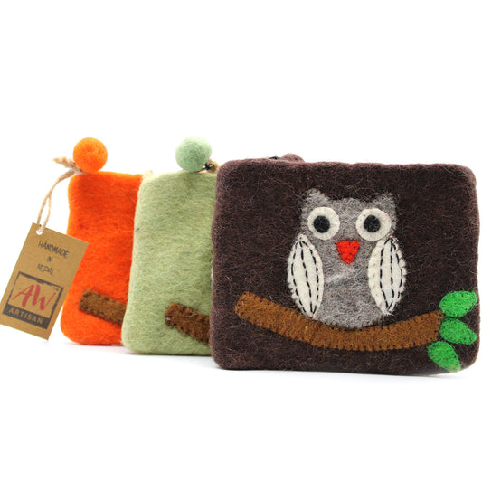 Natural Felt Zipper Pouch - Owl on Branch