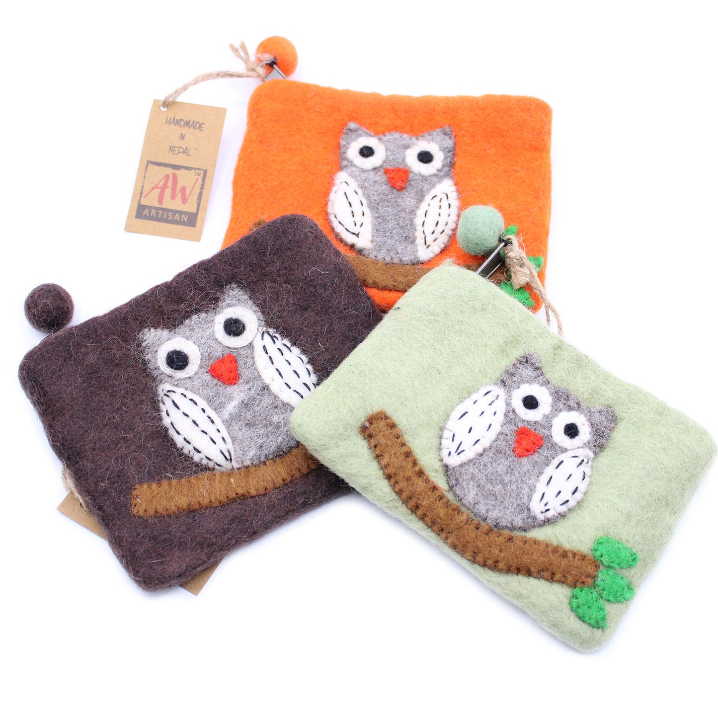 Natural Felt Zipper Pouch - Owl on Branch