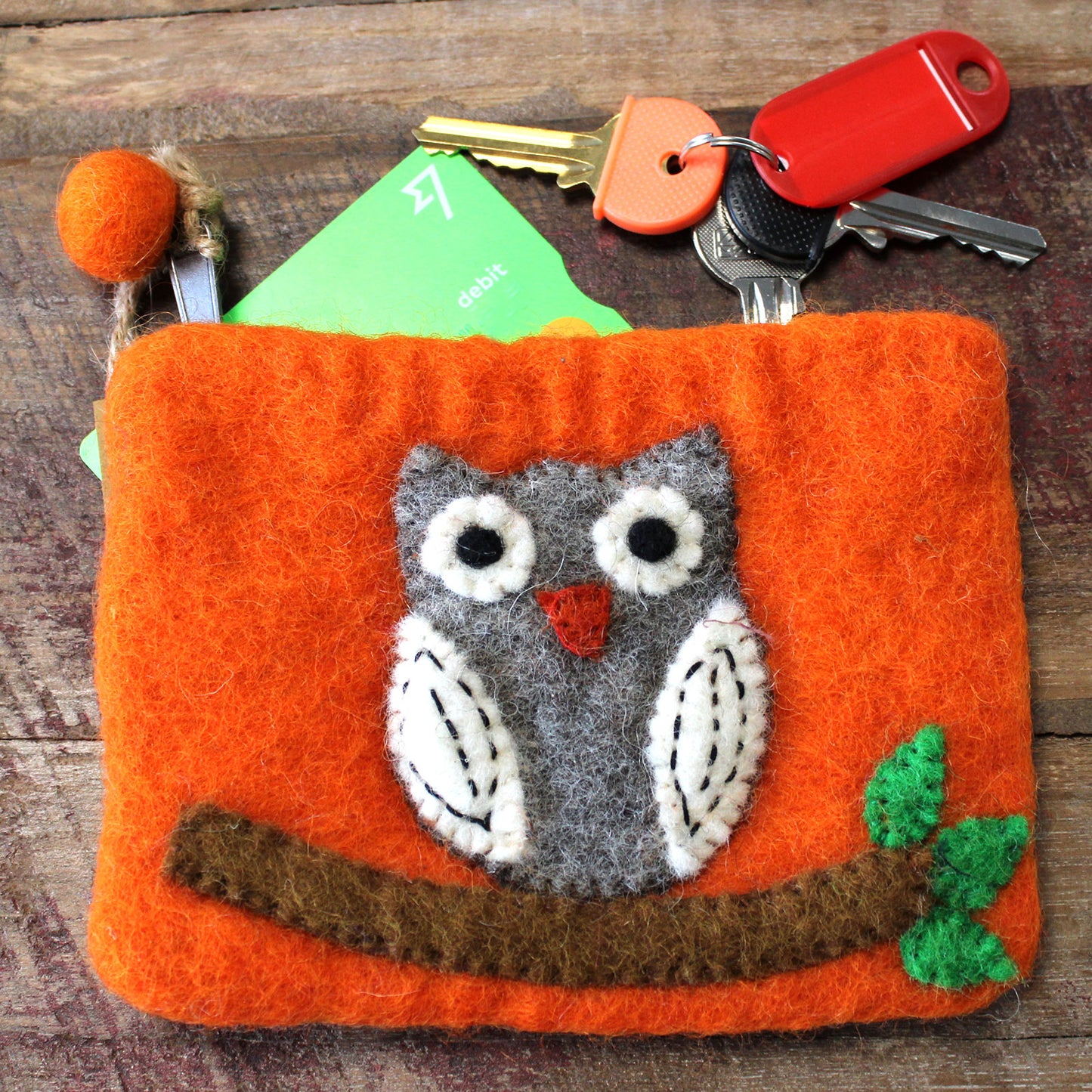 Natural Felt Zipper Pouch - Owl on Branch