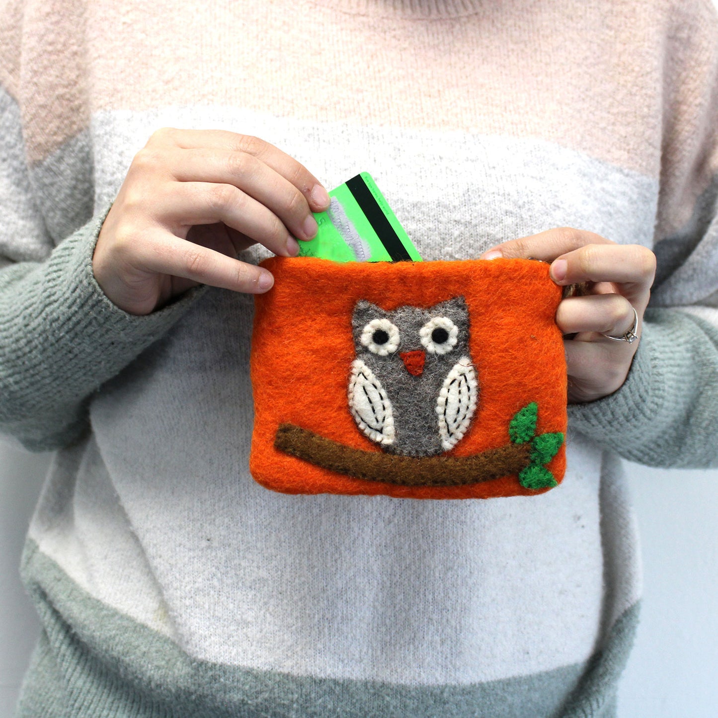 Natural Felt Zipper Pouch - Owl on Branch