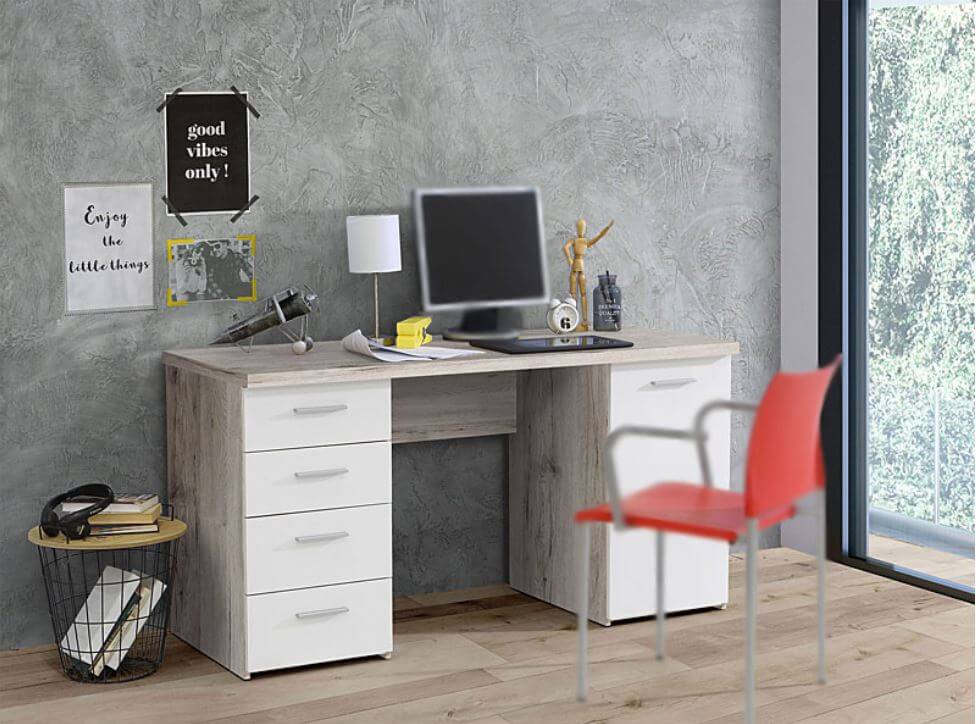 Oak and White Office Computer Desk With Drawers