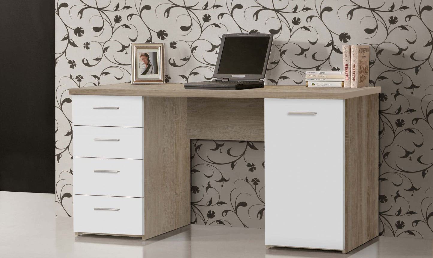 Oak and White Office Computer Desk With Drawers